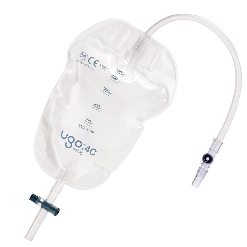 Ugo Leg Bags â€“ Urine Drainage Bags/Catheter Leg Bags, T Tap or Lever Tap with Soft Fabric Backing and a Natural Leg-Shape Design (Pack of 10) (4C - 500ml, Long Tube, T Tap)